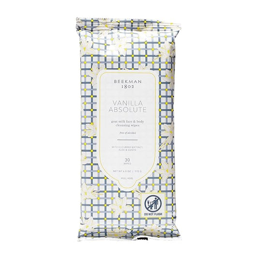 Beekman 1802 Face & Body Wipes, Vanilla Absolute - Scented - 30 Count - Cleanses Dirt & Makeup - With Goat Milk, Aloe & Vitamin E - Alcohol Free, Biodegradable - Good for Sensitive Skin - Cruelty Free