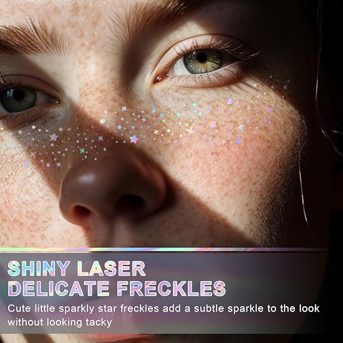 8Pcs Face Makeup Patches, Glitter Freckles Face Tattoo for Teenagers & Young Women, Sparkle Freckles Makeup Patches, Waterproof Face Glitter Freckles for Christmas (8PcsB Holographic Multicolor)