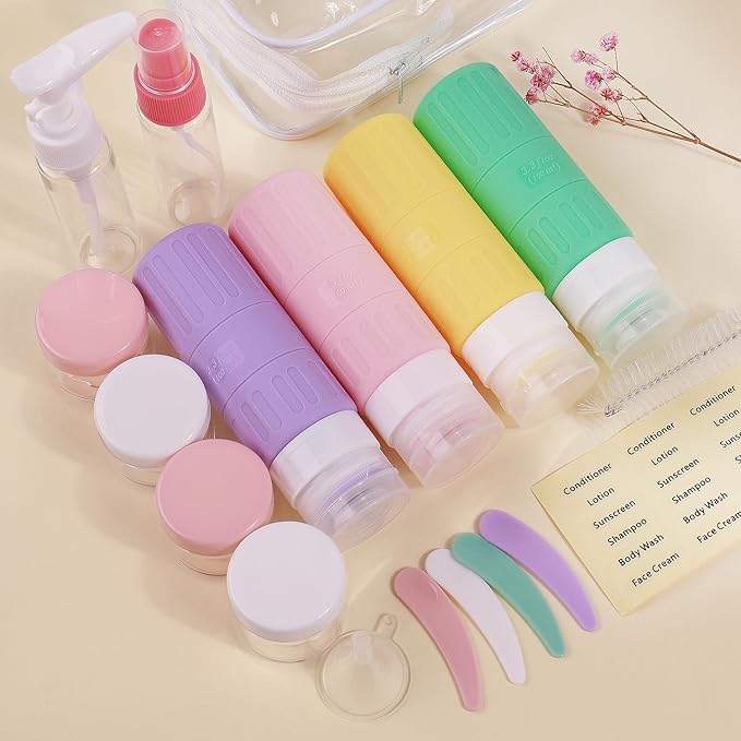 GLAMFIELDS Travel Bottles for Toiletries,TSA Approved 3.3oz Size LeakProof Silicone Toiletry Containers for Shampoo, Conditioner,Easy to Squeeze,Portable Travel Essentials for Lotion(18 Pack) Macaron