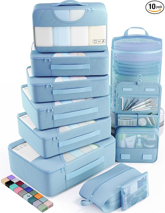 Veken 10 Set Packing Cubes for Travel Essential, Suitcase Organizer Bags in 4 Sizes, Carry-On Luggage Accessories with Large Laundry & Hanging Toiletry Bag, Must-Have for Airplane, Road Trip & Camping