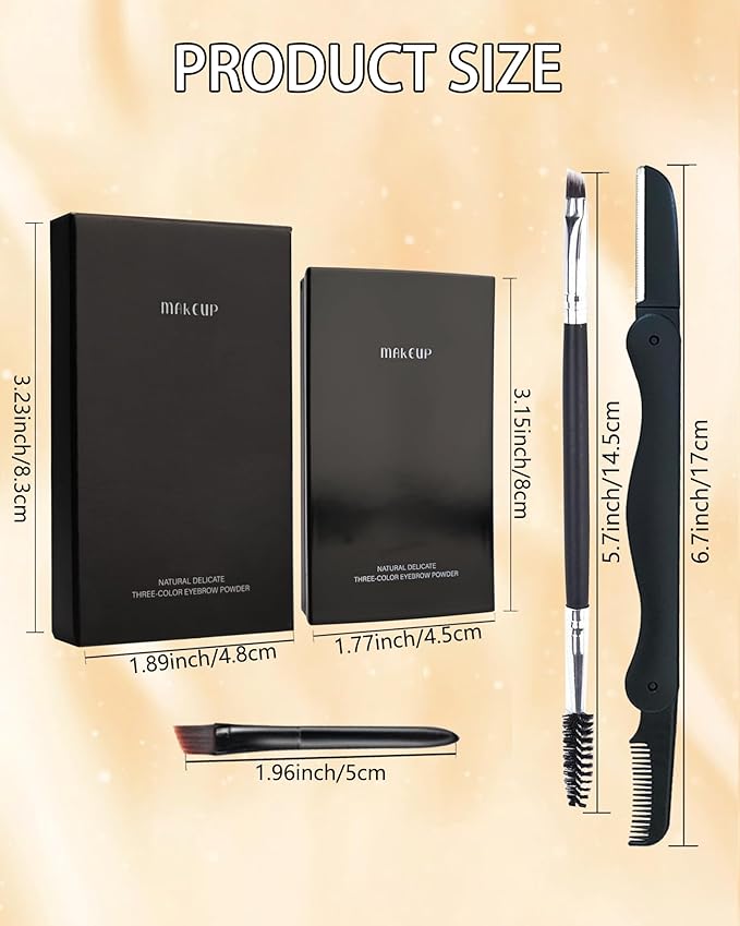 Eyebrow Powder Makeup Kit, 3 in 1 Eyebrow Kit, Brow Powder Palette Waterproof Long-Lasting, Black Brown White Brow Filler, Fill & Sculpt Full Eyebrow Kit for Women, With Mirror,Brush & Razor Set 01