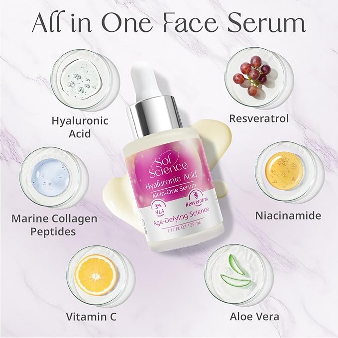 All In One Hyaluronic Acid Face Serum – Ultra Hydrating Anti Aging Serum with Vitamin C, Marine Collagen & Niacinamide for Brightening & Firm, Smooth Skin