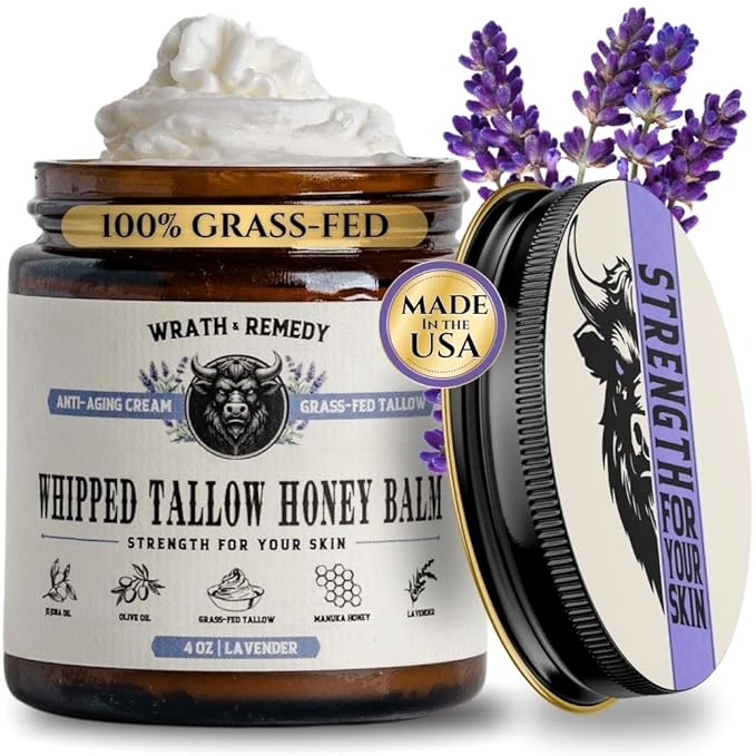 Organic Beef Tallow for Skin - 4 OZ (Lavender) โ Grass Fed Beef Tallow for face + Body โ US-Made Whipped Tallow and Honey Balm Moisturizer for Dry and Sensitive Skin, Eczema, Rosacea (No Additives)