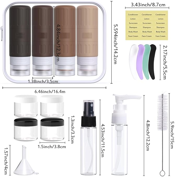 GLAMFIELDS Travel Bottles for Toiletries,TSA Approved 3.3oz Size LeakProof Silicone Toiletry Containers for Shampoo, Conditioner,Easy to Squeeze,Portable Travel Essentials for Lotion(18 Pack) Coffee