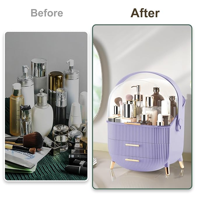 Makeup Organizer for Vanity, Make up Organizers and Storage, Cosmetics Skincare Organizers with Lid and Drawers, Cosmetic Display Cases for Countertop, Bathroom, Dresser, Ideal Gifts for Women(Purple)