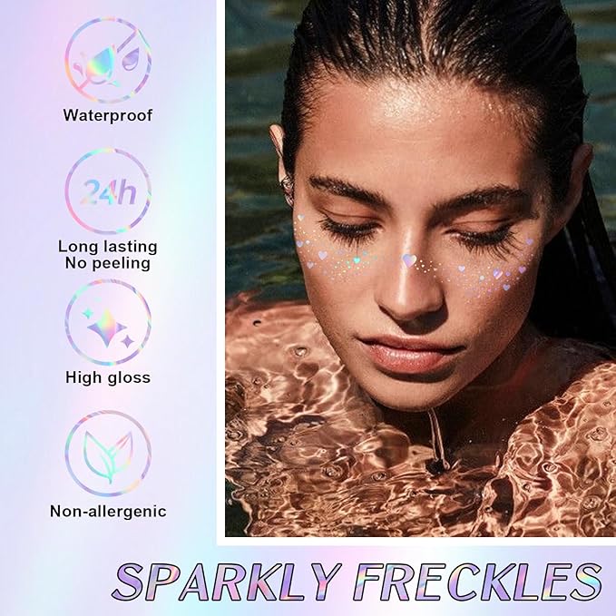 8Pcs Face Makeup Patches, Glitter Freckles Face Tattoo for Teenagers & Young Women, Sparkle Freckles Makeup Patches, Waterproof Face Glitter Freckles for Christmas (8PcsB Holographic Multicolor)