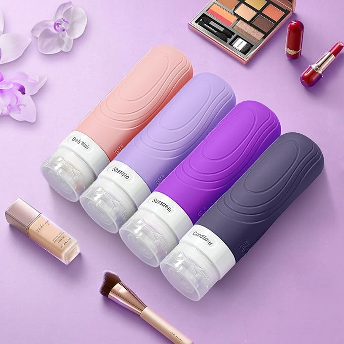GLAMFIELDS Travel Bottles for Toiletries TSA Approved, 3oz Size Leak Proof Silicone Travel Containers for Shampoo, Lotion,Easy to Squeeze Portable, Essentials for Traveling (4 Pack) Purple
