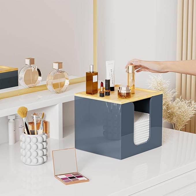 VITVITI Disposable Face Towel Holder Box, Acrylic Facial Towel Container for XL Clean Skin Club, Large Disposable Face Towels Storage with Bamboo Lid, for Bathroom, Vanity Makeup, Gray