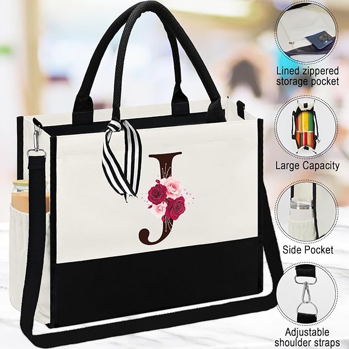 Birthday Gifts for Women,Initial Canvas Tote Bag,Monogrammed Gift for Women,16OZ Initial Glass Cup,Makeup Bag with Zipper,Jewelry Organizer Box,Personalized Gifts for Mom-J