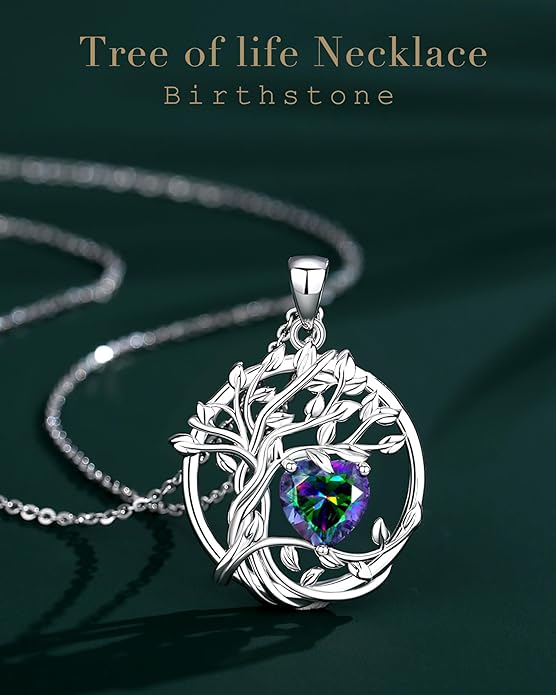 FANCIME Tree of life Birthstone necklace Sterling Silver Pendant Birthstone Necklace Gemstone Anniversary Birthday Jewelry Christmas Gifts for Mom Her Wife
