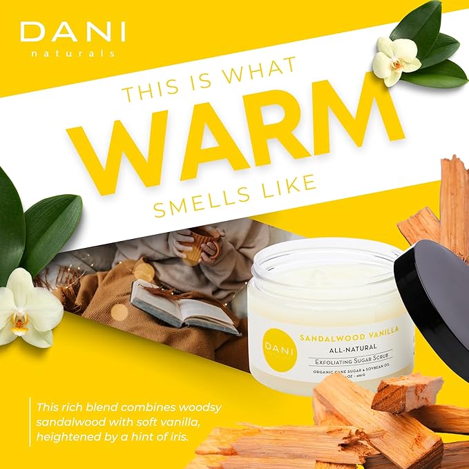 DANI Naturals Exfoliating Sugar Scrub - Warm Sandalwood Vanilla, featuring organic cane sugar and shea butter, gently exfoliates and deeply nourishes for smooth, radiant, and hydrated skin – 14 oz