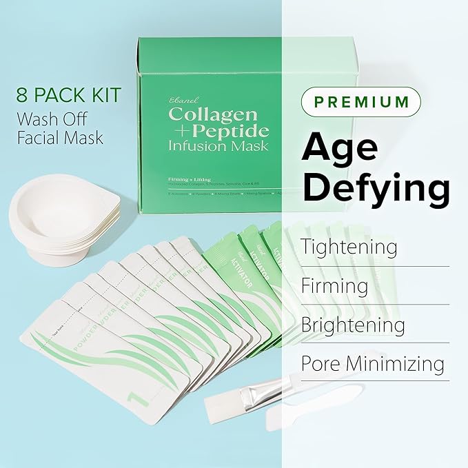 Ebanel Collagen Peptides Wash-Off Face Mask Set, 8 Pack Instant Skin Tightening and Lifting Masks, Brightening Face Mask with Niacinamide, Glutathione, Hyaluronic Acid, Vitamin C, Cica, B5, Albumen
