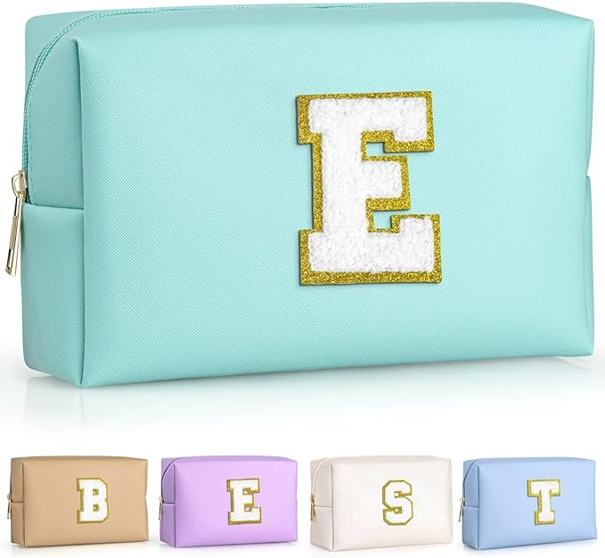 TOPEAST Monogrammed Gift for Women Girls, Personalized Initial Makeup Bags Cosmetic Bag with Zipper, Cute Makeup Pouch, PU Leather Waterproof Toiletry Bag, Preppy Gifts Stuff for Girl (Blue E)