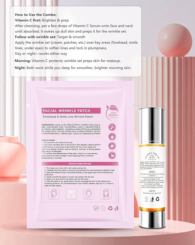Forehead Wrinkle Patches & Smile Line Patches, Overnight Facial Wrinkle Treatment with Hyaluronic Acid, Aloe, Collagen & Vitamin E to Lift Smile Lines for Women 36pcs with Vitamin C Serum