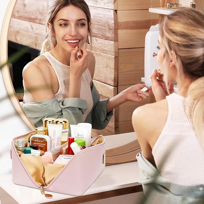 Birthday Gifts for Women Teen Girl, Personalized Initial Makeup Organizer Bag Set, Open Flat Travel Cosmetic Bag With Clear Divider and Handle(Pink,R)