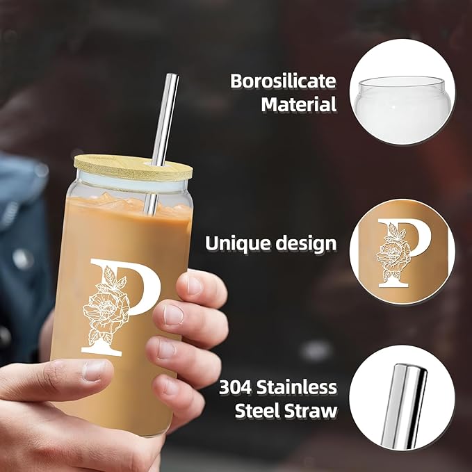 Birthday Gifts for Women,Initial Canvas Tote Bag,Monogrammed Gift for Women,16oz Initial Glass Cup,Makeup Bag with Zipper,Jewelry Organizer Box,Personalized Gifts for Mom-P