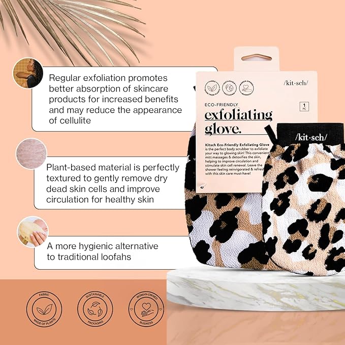 Kitsch Exfoliating Glove – Korean Exfoliating Mitt & Deep Exfoliating Body Scrubber for Shower, Bath | Body Exfoliator, Dead Skin Remover | Skin Care for Smooth, Renewed Skin - 1pc, Leopard