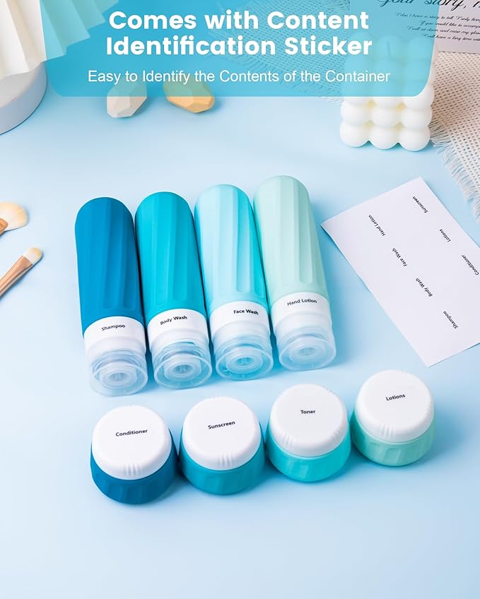 Travel Bottles for Toiletries, 10 Pack, TSA Approved, 3oz/90ml Silicone, Leak Proof, Wide Mouth, Reusable, Travel, Vacation, Plane Trip, Camp