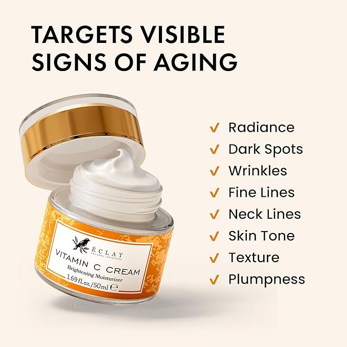 Eclat Skincare Vitamin C Moisturizer for Face with Hyaluronic Acid & Squalane - Face Brightening Cream - Anti Aging, Firming & Hydrating Vitamin C Cream for All Skin Tone 50 ml