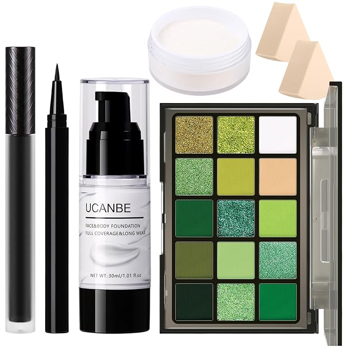 UCANBE Green Halloween Makeup Kit – Zombie Witch Beetle Juice Monster Makeup Set for SFX Costume Cosplay with Eyeshadow Palette, White Foundation, Black Lipstick,Eyeliner, Setting Powder & Sponges