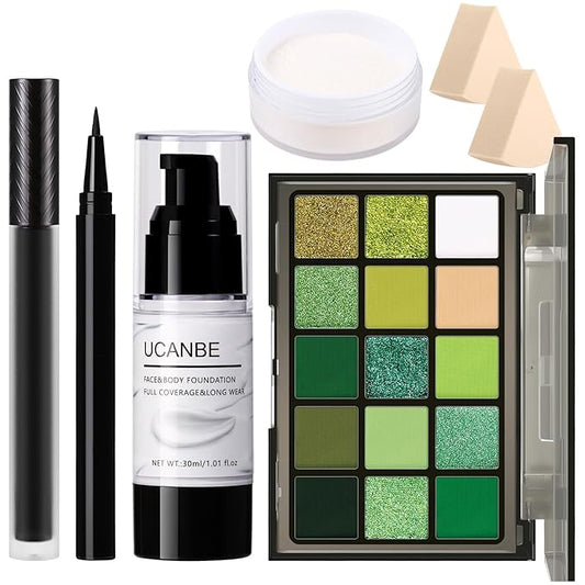 UCANBE Green Halloween Makeup Kit โ Zombie Witch Beetle Juice Monster Makeup Set for SFX Costume Cosplay with Eyeshadow Palette, White Foundation, Black Lipstick,Eyeliner, Setting Powder & Sponges