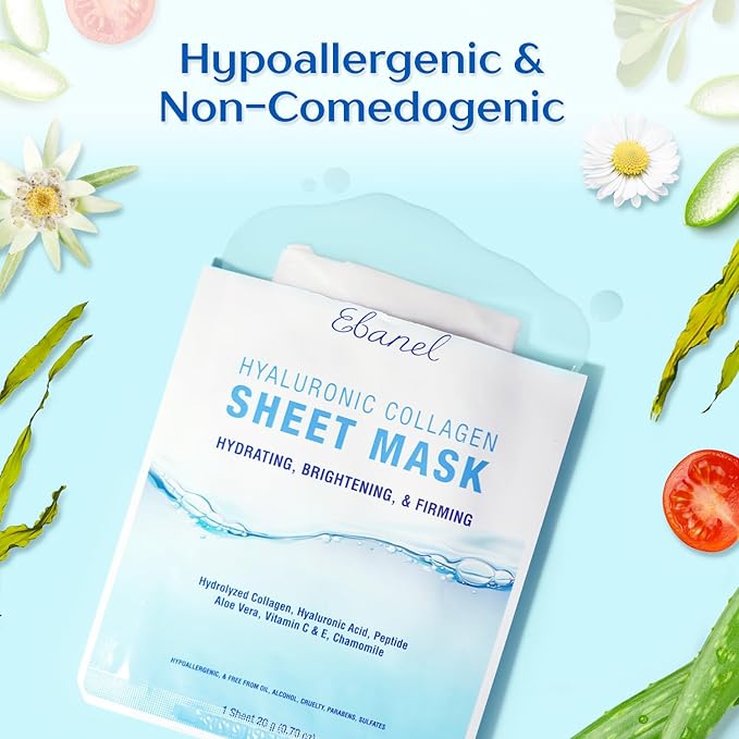 Ebanel 15 Pack Collagen Face Mask with Hyaluronic Acid, Vitamin C, Peptide, Aloe, Instant Brightening Hydrating Face Masks Skincare Korean Sheet Mask, Skin Firming, Lifting Anti Aging Facial Masks