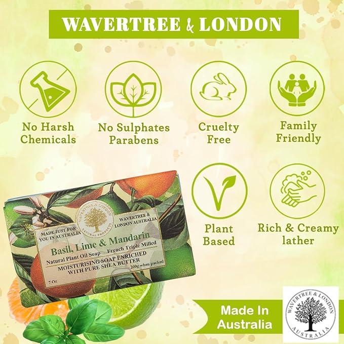 Wavertree & London Basil Lime & Mandarin Scented Natural Soap (2 Bars), 7oz Moisturizing French Triple Milled Soap Bars enriched with shea butter - Pure Plant Based Bath & Body Bars for All Skin Types