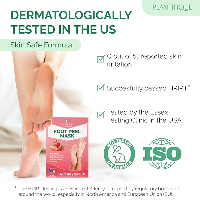 PLANTIFIQUE Foot Peeling Mask 2 Pack | Dermatologically Tested Repairs Heels & Removes Dry Dead Skin for Baby Soft Feet | Exfoliating Foot Peel Mask for Dry Cracked Feet | Strawberry