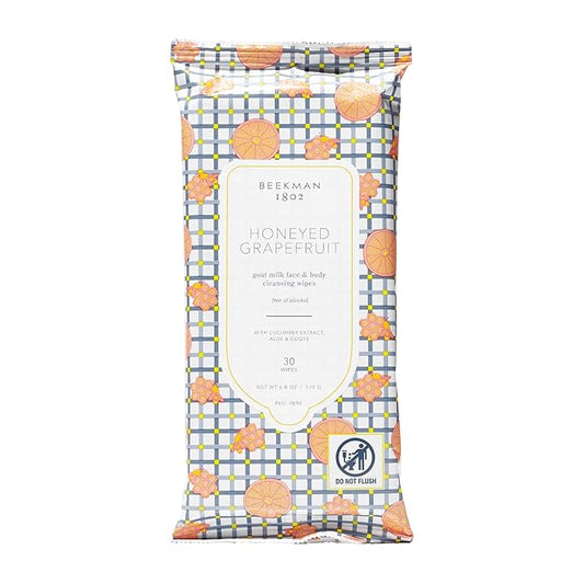 Beekman 1802 Face & Body Wipes, Honeyed Grapefruit - Scented - 30 Count - Cleanses - With Goat Milk, Aloe & Vitamin E - Alcohol Free, Biodegradable - Packaging May Vary