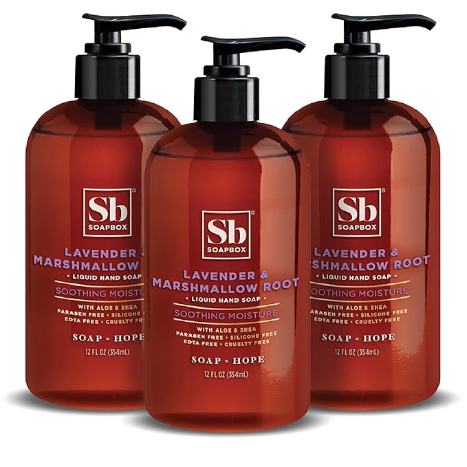 Soapbox Liquid Hand Soap, Lavender & Marshmallow Root - Gentle, Moisturizing Hand Cleanser, Vegan & Cruelty Free Hand Wash for Kitchen and Bathroom, 12oz Pump Bottles (Pack of 3)