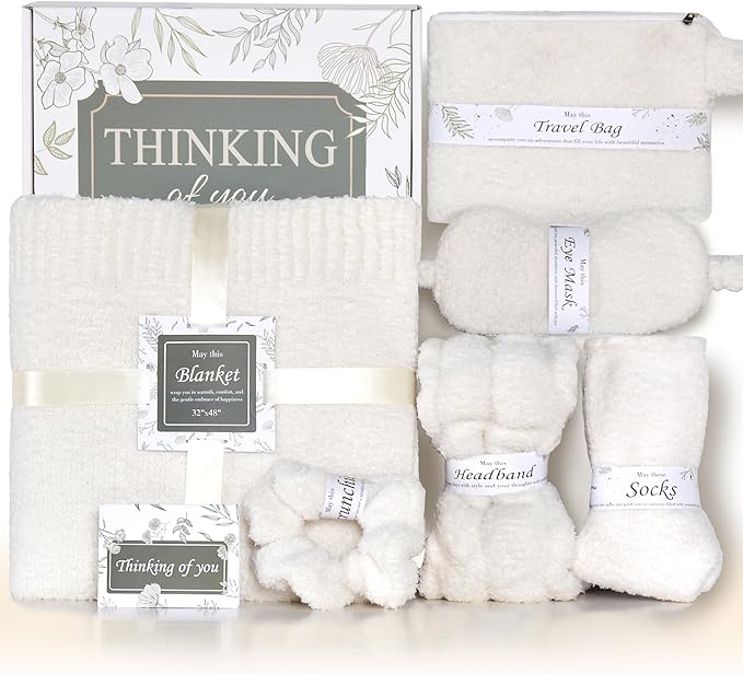 JOOJA Birthday Get Well Soon Cozy Gift Basket Care Package for Women with Blanket, Fuzzy Socks, Eye Mask, Headband Cozy Essentials - White