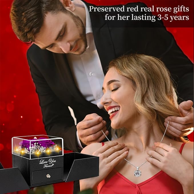 2 Preserved Real Rose with Heart I Love You Necklace- Eternal Rose Birthday Gifts for Women Wife Girlfriend Her Mom Grandma on Festivals Gifts Christmas Valentines Mothers Day Anniversary-Purple Roses