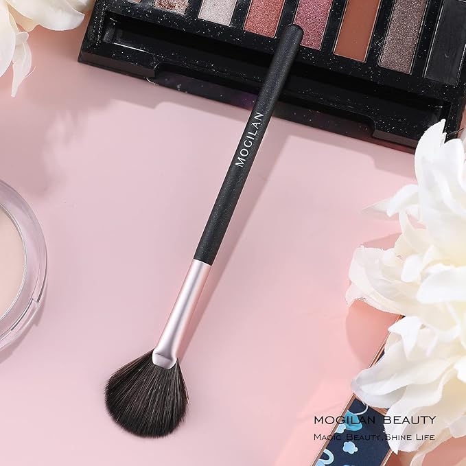 Small Fan Blush Brush for Cheeks & Face Highlighting Soft Vegan Synthetic Bristles Professional Makeup Brush for Powder Cream Blending Buffing Highlighter Eyeshadow Applicator