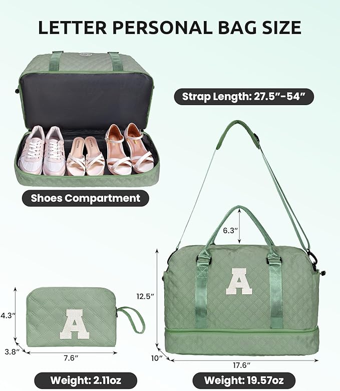 Gifts for College Girls-Initial Travel Bag with Shoe Compartment, Girl Personalized Weekender Bag, Monogram Overnight Bag for Women, Letter Travel Bag with Makeup Bag (Letter W)