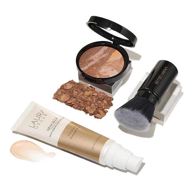 LAURA GELLER NEW YORK Everyday Routine Kit - Baked Balance-N-Brighten Color Correcting Powder Foundation, Tan + Retractable Angled Kabuki + Spackle Makeup Primer, Champagne Glow (3 PC)