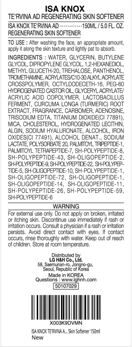 ISA KNOX TE'RVINA AD Regenerating Skin Softener (5.1fl oz) - Hydrating, Nourishing & Firming Toner for Youthful and Radiant Skin by LG Beauty. Placenta, Rose Absolute.