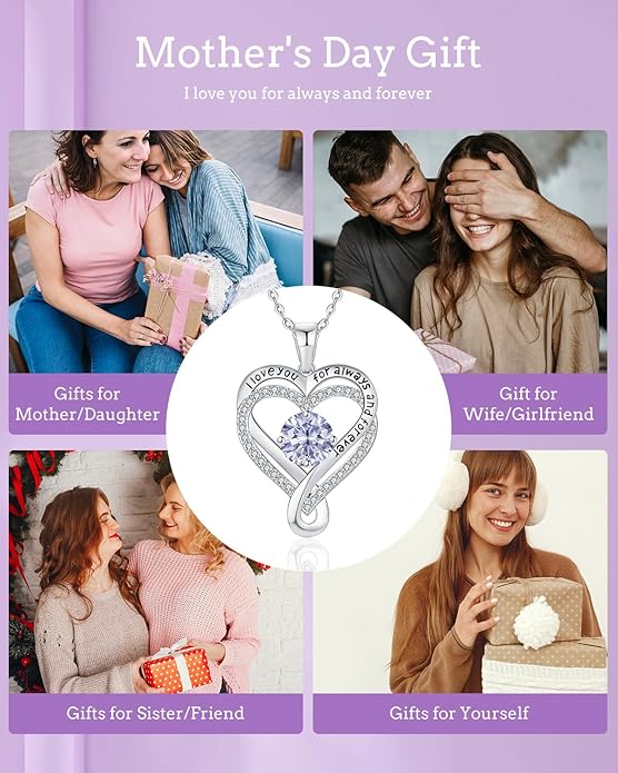 Jewelry for Women Wife Infinity Heart Birthstone I Love You Necklace S925 Anniversary Women Necklaces for Her Wife Birthday Gift Ideas, Birthday Present for Girlfriend Mom Daughter Sterling Silver