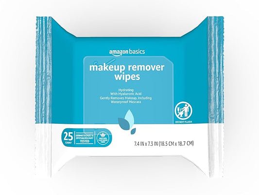 Amazon Basics Makeup Remover Wipes, Gentle Cleansing, Dermatologist Tested, Hydrating, Plant Based, Alcohol Free, Removes Waterproof Mascara, 25 Count Per Pack, Pack of 1 (Previously Solimo)