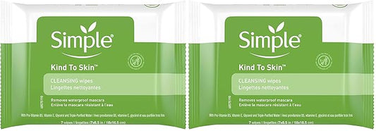 Simple Kind to Skin Facial Cleansing Wipes Cleanser & Makeup Remover Cleansing Removes Waterproof Mascara 7 Wipes (Pack of 2)