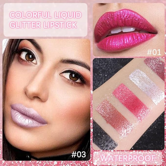 evpct 6Pcs Rose Pink Dark Wine Mauve Sexy Red Black Lilac Metallic Shimmer Glitter Lip Gloss Liquid Lipstick Set for Women Long Lasting Waterproof 24, Pearlescent Sparkly Glossy Lipsticks Lip Makeup