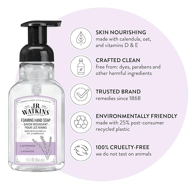J.R. Watkins Foaming Hand Soap with Pump Dispenser, Moisturizing Foam Hand Wash, All Natural, Alcohol-Free, Cruelty-Free, USA Made, Lavender, 9 fl oz, 3 Pack