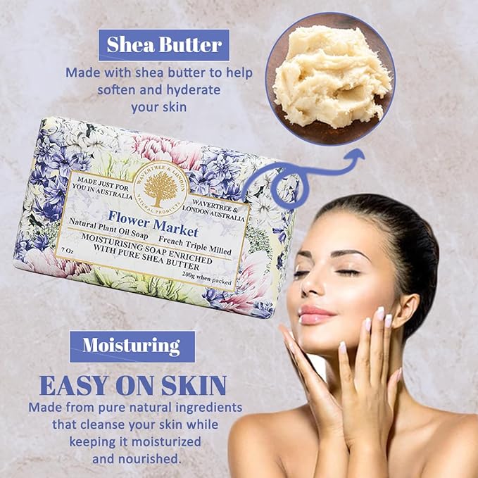 Wavertree & London Flower Market Scented Natural Soap (2 Bars), 7oz Moisturizing French Triple Milled Soap Bars enriched with shea butter - Pure Plant Based Bath & Body Bars for All Skin Types