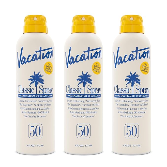Vacation Classic Sunscreen Spray SPF 50, Water-Resistant, Lightweight, Transparent on All Skin Tones, Dermatologist-Tested, Vegan, 6 Fl. Oz. (Value Pack of 3)
