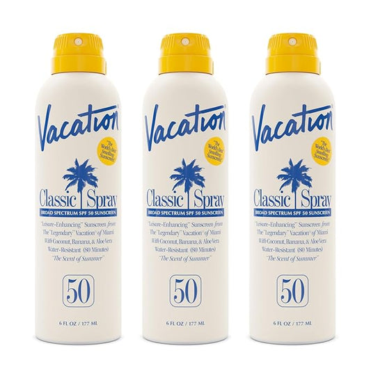 Vacation Classic Sunscreen Spray SPF 50, Water-Resistant, Lightweight, Transparent on All Skin Tones, Dermatologist-Tested, Vegan, 6 Fl. Oz. (Value Pack of 3)