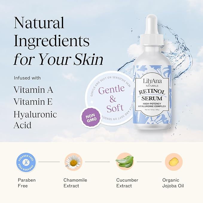 LilyAna Naturals Retinol Serum - Made in USA, Anti Aging Face Serum with Hyaluronic Acid and Vitamin E, Reduces Age Spots and Sun Damage, Promotes Collagen and Elastin (Retinol, 1oz)