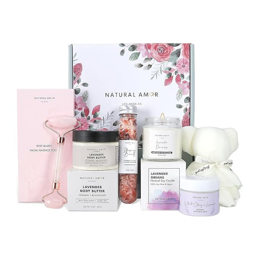 Natural Amor Lavender Spa Gift Set โ 6 pcs Handmade Self-Care Kit with Body Butter, Bath Salt, Clay Mask, Candle, Jade Roller & Bear Headband โ Relaxation Gift for Women