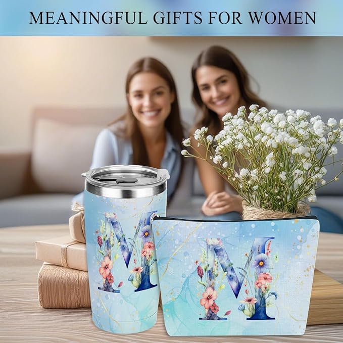 Personalized Gifts Monogrammed Birthday Gifts for Women, Her, Teacher Mother in Law Wedding Christmas Initial 20 oz Tumbler, Makeup Bag Cup Pens Journal Notebook 6 Set, (Aesthetic Blue Flower M)