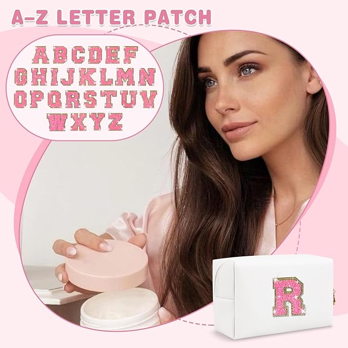 Small Personalized Initial A-Z Patch Makeup Bag,White Cute PU Leather Glitter Letter Cosmetic Bag for Teen Girls,Travel Toiletry Bag with Zipper,Preppy Monogrammed Birthday Gift for Daughter Niece R
