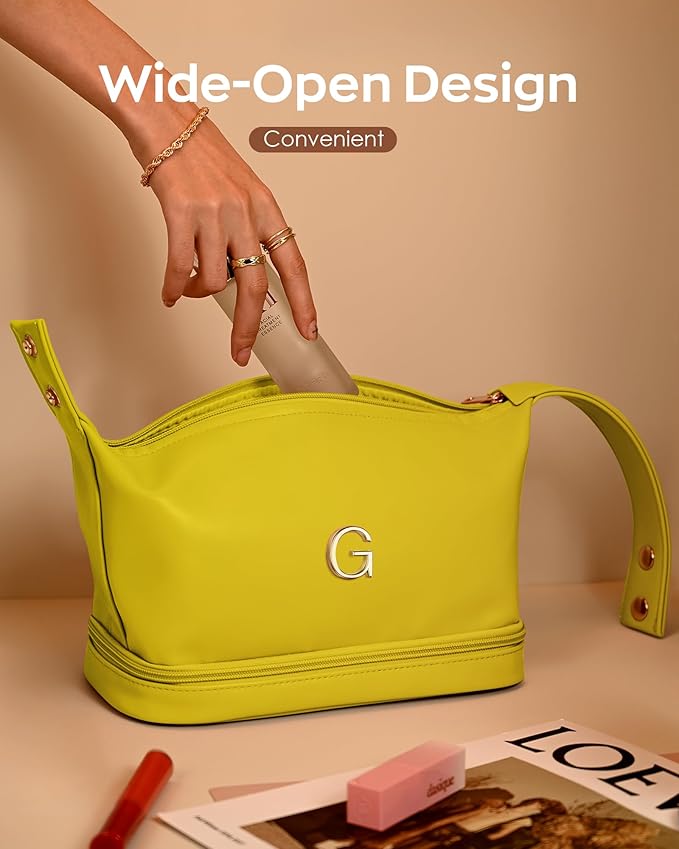 College Girl Gift Ideas, Personalized Makeup Bag with Handle, Initial Double Layer Cosmetic Bag with Makeup Brush Organizer, Cute Cosmetic Pouch for Women, Gift Ideas for Co Workers