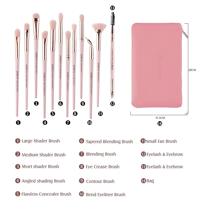 Z'OREYA Eye Makeup Brushes, 12 Pcs Professional Eye Brush Set Eyeshadow, Eyebrow, Blending, Fan, Eyelash Brushes Set With Carrying Bag (Pink)